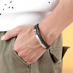 가죽팔찌 더블 실버 티타늄 여성