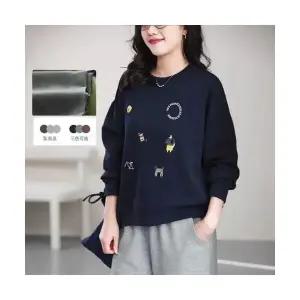 EAMT 여성 겨울 기모 공기층 맨투맨 라운드 자수 캐주얼 날씬해 보이고 도톰하게 보온 YJ4