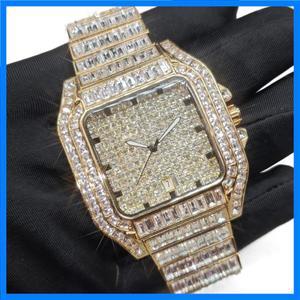 남성용 고급 사각 다이아몬드 시계 힙합 스타일 블링블링 아이스 아웃 손목시계 패션 스테인리스 스틸 방수
