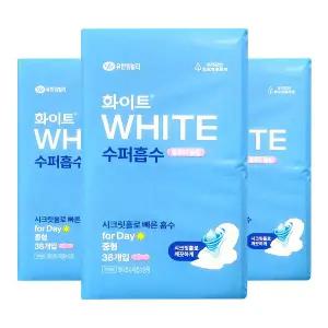 화이트 수퍼흡수 울트라슬림 중형 날개형 얇은 생리대 이중 샘방지 36매 3팩
