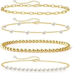 여성용 제피 골드 펄 구슬 팔찌 페이퍼클립 링크 체인이 있는 14K 도금 주얼리 세트 트렌디한 스택