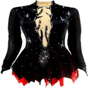 블랙 레드 피겨 스케이팅 의상 - 맞춤 제작 스커트 및 긴팔 여성