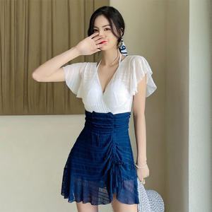 엘프 화이트 블루 투톤 셔링 원피스수영복 M036