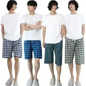 남성 잠옷 바지  큰체크 5부 7부  슬레진저 남자  주머니 있는 면 파자마 반바지 홈웨어 하의
