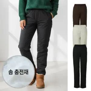 여성 겨울 누빔 기모 일자핏 중년 편한 솜 방한 밴드 모렉스 패딩 바지 413