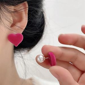 [사찌몰]귀여운 벨벳 핑크 하트 볼드 진주 귀걸이 예쁜 폼폼 왕볼 펄 러블리 패션 귀고리 악세사리