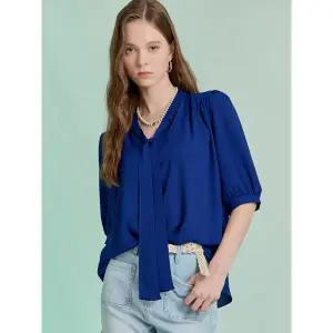 [하프클럽/]리본 타이 셔링 쉬폰 7부 블라우스