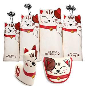 고양이 PU 가죽 키티 자수 골프채 헤드 커버, 드라이버 페어웨이 우드 하이브리드 블레이드 말렛 아이언 퍼터용