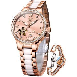 여성용 자동 럭셔리 드레스 시계 세라믹 스트랩 로즈 골드 셀프 와인딩 손목시계