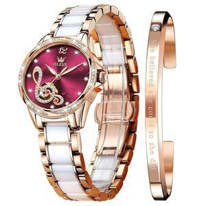 여성 자동 기계식 시계 셀프 와인딩 로즈 골드 투톤 세라믹 스트랩 다이아몬드 러브 하트 다이얼 패션 우아한 드레스 여성용 손목 방수 야광