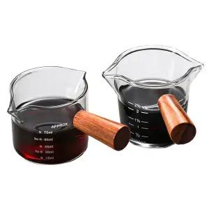 내열 유리 에스프레소 샷잔 더블 글라스 이중컵 우드 손잡이 푸어링 눈금 홈카페 커피잔 N970-O