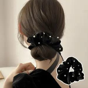 진주 벨벳 헤어슈슈 ELH-027 진주 헤어밴드 곱창밴드 고무줄 벨벳헤어