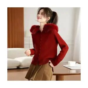 여자 후드 가디건 카디건 퍼 칼라 니트 보송보송 이너로 슬림핏 가을 겨울 상의 ST4