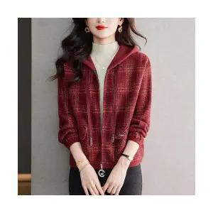 여자 후드 가디건 카디건 레드 체크 집업 가을 겨울 니트 캐주얼 슬림핏 상의 ST4