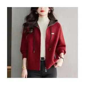 여자 후드 가디건 카디건 레드 집업 니트 가을 겨울 캐주얼 모직 질감 솔리드 상의 ST4