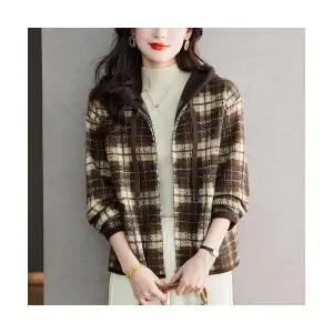 여자 후드 가디건 카디건 모직 체크 집업 가을 겨울 슬림핏 니트 캐주얼 상의 ST4