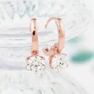 14K 금침 로즈골드 원터치링 화이트 큐빅 드롭 귀걸이 W7F41B4