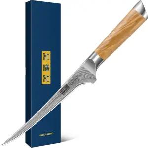 호샨호 7인치 다마스쿠스 필레 나이프 전문가용 10Cr15CoMoV 슈퍼 스틸 일본 보닝 인체공학적 올리브 나무