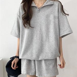 여성 아노락 면 반집업 반팔 반바지 루즈핏 셋업 세트