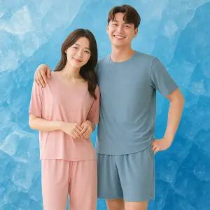 커플 여름 잠옷 빅사이즈 반팔 실내복 심리스 홈웨어 세트 남자 여성 쿨링 시원한 냉감 수면 스판 잠옷세트