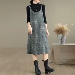 빈티지 체크 모직 레이어드 뷔스티에 원피스 치마 롱원피스 가을 겨울 긴팔 여성 루즈핏