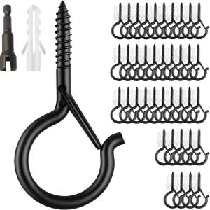 설치 도구와 함께 걸 수 있는 블랙 Q 후크 40팩 - 천장 야외용 식물 걸이 안전 버클 방풍 클립 나사 아이 S