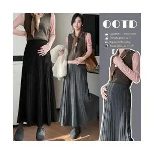 여성 트렌디 아이템 스커트 니트 임부복 플리츠 가을 겨울 아우터 고탄력 조절 가능한 중기장 A라인 큰 우