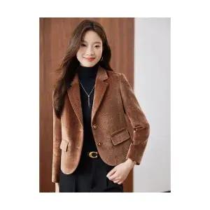 여자 정장 자켓 모직 쇼트 코트 캐주얼 겨울 도톰한 울 체크 상의 ST4