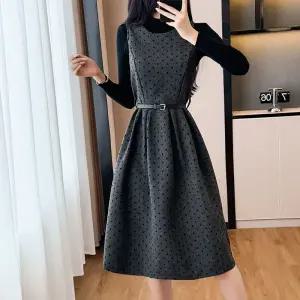 여자 정장세트 가을 겨울 빈티지 슬림핏 도트 모직 나시 원피스 투피스 원픽4