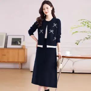 여자정장세트 추동 투피스 모 니트 원피스 긴팔 카디건 스커트 세트 원템4