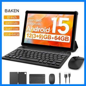 BAKEN 안드로이드 15 태블릿 10인치 12 (3+9)GB 램 + 64GB 롬 쿼드코어 6000mAh 배터리 무료 보호 케이스