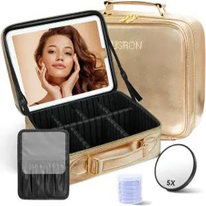 LED 미러가 포함된 JUSRON 여행용 메이크업 가방 라이트 업 화장품 트레인 케이스 조절 가능한 칸막이가