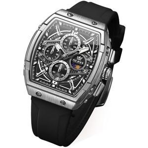 시계 남성 캐주얼 럭셔리 스퀘어 라지 페이스 스켈레톤 다기능 크로노그래프 패션 실리콘 방수 시계, 데이트 문 페이즈 아날로그 손목 Reloj para Hombre