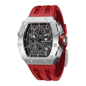 차르 봄바 남성용 쿼츠 워치 럭셔리 스켈레톤 시계 토나우 기계식 50M 방수 아날로그 유니크 쿨 실버 스퀘어 빅 페이스 다이얼 손목시계 빨간색 실리콘 스트랩 밴드