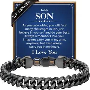 십대 소년 남성 IEFLIFE 팔찌 선물 - 손손자 블랙 스테인리스 스틸 쿠바 링크 체인 남자친구 생일 8mm 보석