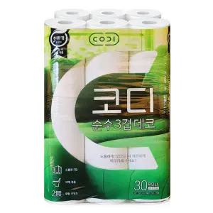 코디 롤화장지 순수 데코 30롤, 1개 도톰한3겹 무향 데코엠보싱 비데겸용 두루마리휴지
