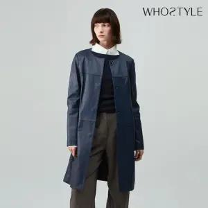 후스타일 여성 라운드넥 싱글 레더 코트 블루