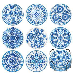 청화백자무늬 컵받침 보석십자수 8개 한세트 (샤이닝+원형) 아크릴