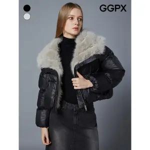 페이크 밍크 배색 빅 카라 크롭 숏 패딩 점퍼 (GOBJP026F)