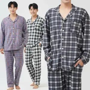 이브바바 남성 겨울 도톰 소프트 기모 타탄체크 카라 긴팔 상하 잠옷 파자마세트