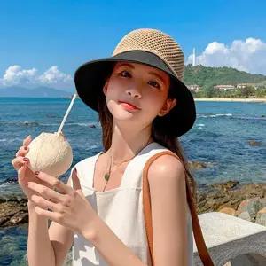 여름 라탄 모자 휴가비치 라피아 리본 여성 밀짚 모자 여행