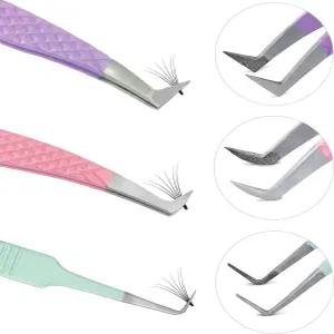 SIVOTE 속눈썹 연장용 핀셋 볼륨 부츠 파스텔 색상의 섬유 팁이 있는 슬림 90도 3종 세트 메가 및 러시안