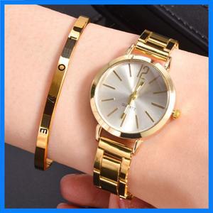 2pcs 세트 시계 럭셔리 여성 간단한 다이얼 중공 스트랩 패션 골드 팔찌 석영 손목 시계 학생 숙녀 시계 Re