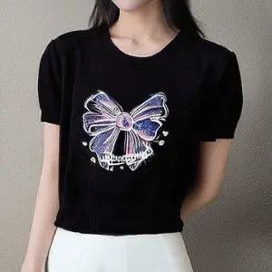 브이넥 라운드넥 리본 니트 반팔티 여성 티셔츠 (WFJ5V5X)