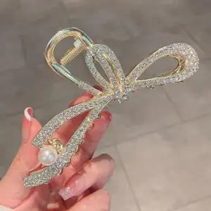 여성 올림머리 리본 큐빅 머리 헤어 집게 핀 골드