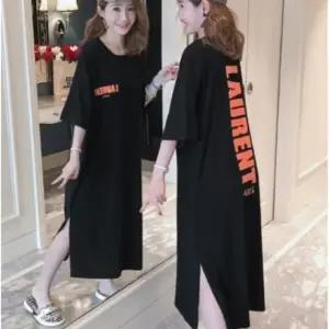 여성 홈웨어 루즈핏 트임 롱 반팔 잠옷 파자마 원피스 (WFJ4RGS)