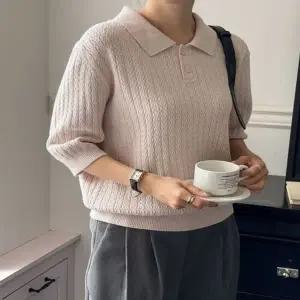 여성 5컬러 귀엽고 심플한 카라넥 반팔 니트티셔츠 (KYR-WFK5KZF)