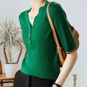 여름 인기 여성 골지 브이넥 감성 반팔 니트 티셔츠 (KYR-WFGUTHY)