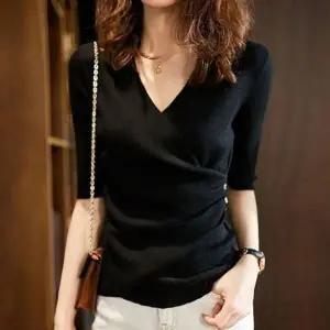 상의 여성 추천 7부 반팔 꾸안꾸 브이넥 니트 티셔츠 (KYR-WFGURBZ)