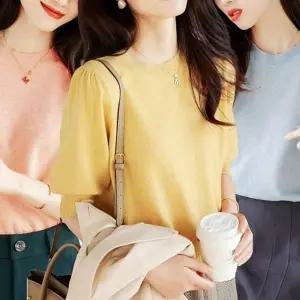 여름니트 반팔니트 기본 티 니트 넥 여성 여름 봄 (KYR-WFISCZ0)